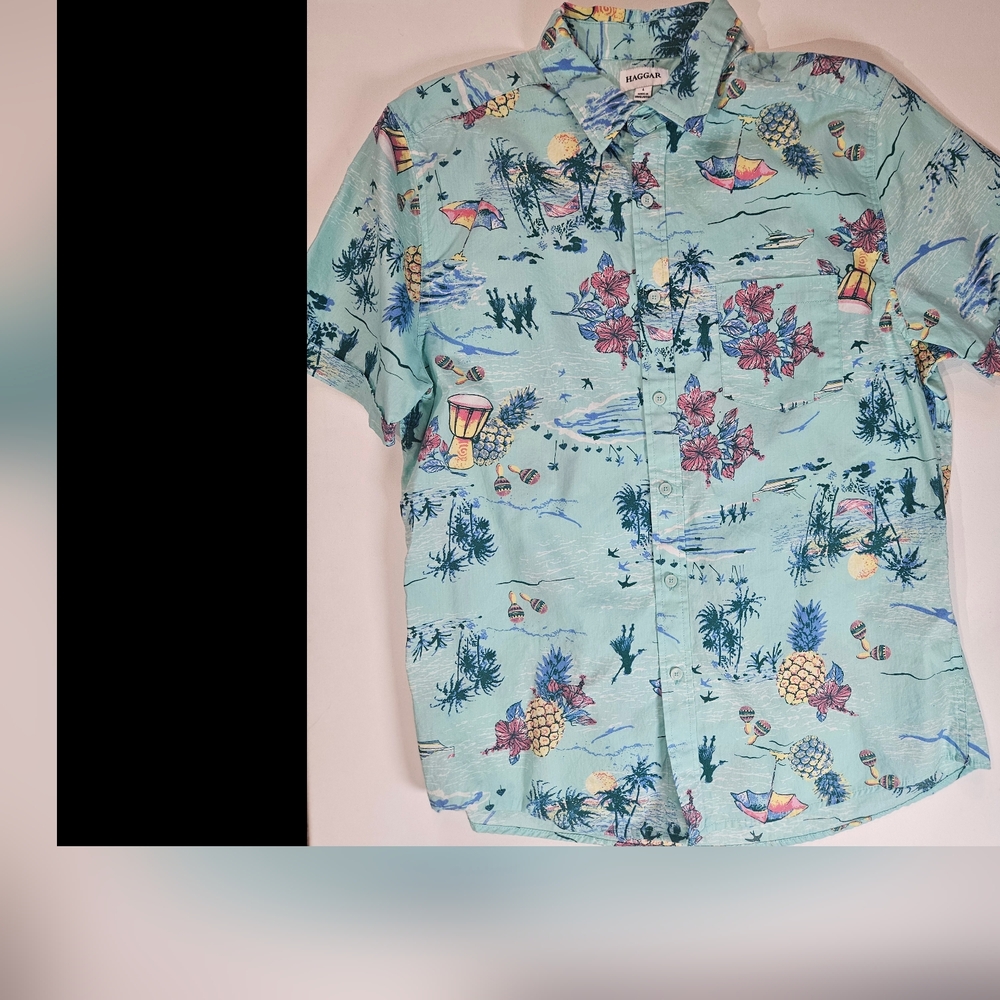 Haggar Mens Hawaiian‎ Aloha Shirt Large Teal Tropical Beach Vacation Button Down